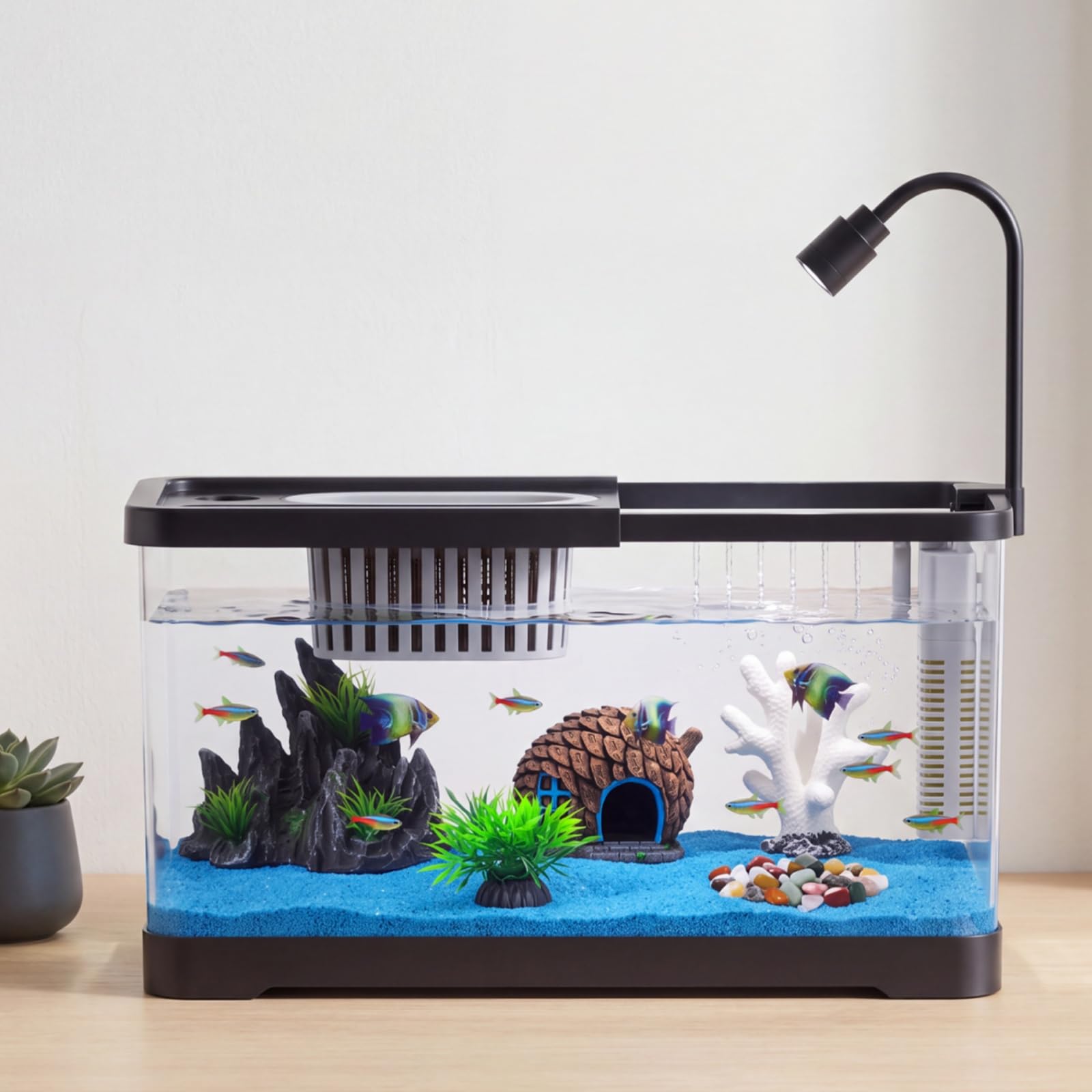 Betta Fish Tank - 金魚、エビ、ベタ、ヤドカリ用のフィルターとライト付きプラスチック製水槽スターターキット